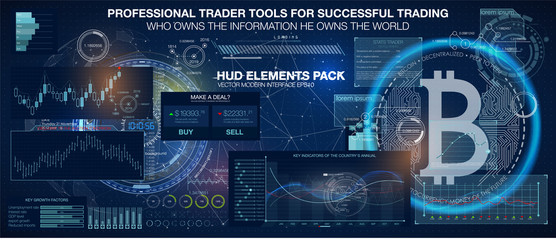Professional trader tools for successful trading. HUD elements pack. Infographic elements. Abstract background with connecting dots and lines.
