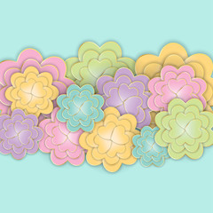 Elegant nature background. Floral pattern with stylized summer 3d flowers with heart shape petals. Floral stylish modern wallpaper. Paper art design, golden lines. Vector illustration in pastel colors