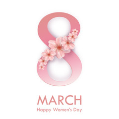 8 March modern background design with japanese sakura, cherry flowers. Happy women's day stylish greeting card. Spring floral vector illustration