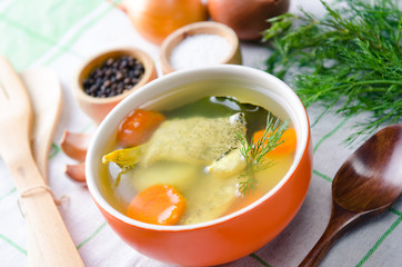 Fish soup served on the table in plate