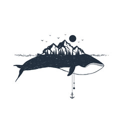 Fototapeta premium Ręcznie rysowane odznaka żeglarska z teksturami ilustracji wektorowych wielorybów i gór.