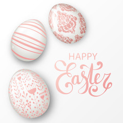 Happy Easter background with realistic white eggs with elegant floral ornament and text. Minimalistic vector design. Spring holiday illustration