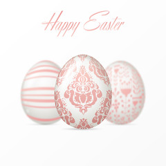 Happy Easter background with realistic white eggs with elegant floral ornament and text. Minimalistic vector design. Spring holiday illustration