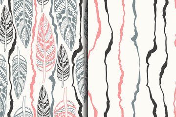 Set of vntage seamless patterns with tribal elements. Vector illustration with feathers and scribbled lines. Ethnic hand drawn texture; decorative background; boho style.