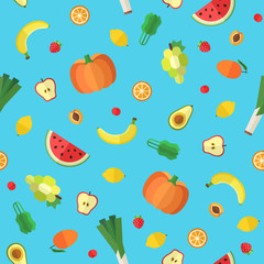 Flat vegetables and fruits seamless vector pattern. Part one.