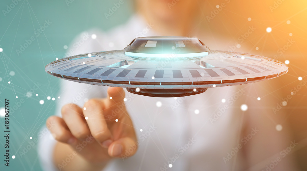 Poster businesswoman with retro ufo spaceship 3d rendering