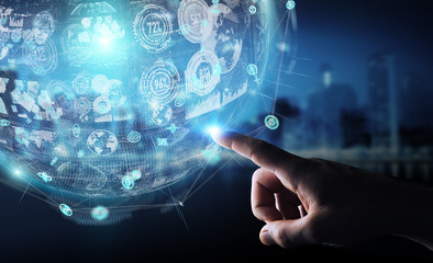 Businessman using holograms datas digital sphere 3D rendering