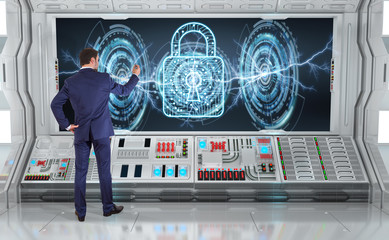 Businessman using antivirus interface on a board 3D rendering