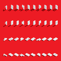 Vector set with isometric numbers from 1 to 9 and 0 in various foreshortening. White digits with fallen shadow on bright red background