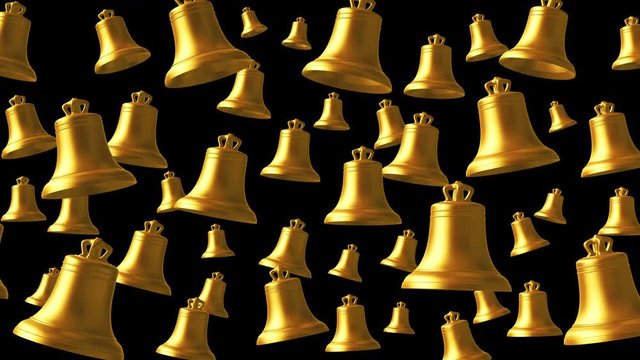 4K. Golden Ringing Bells With Alpha Channel. Loops. 3D Animation. 3840x2160.