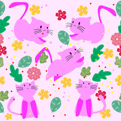 Cute Cat seamless pattern with flower on colorful background Vector illustration.Cartoon style