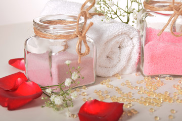 rose bath salt gray soap and red rose petals with pearls of vitamins