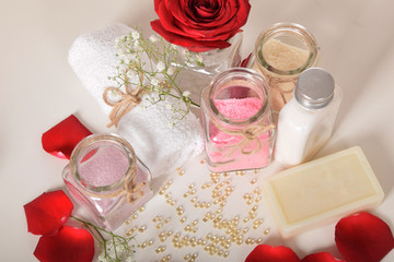 rose bath salt gray soap and red rose petals with pearls of vitamins