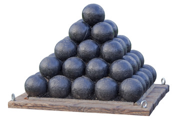 A pyramid of black cannonballs on a white