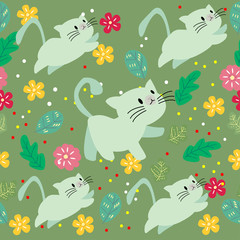 Cute Cat seamless pattern with flower on colorful background Vector illustration.Cartoon style