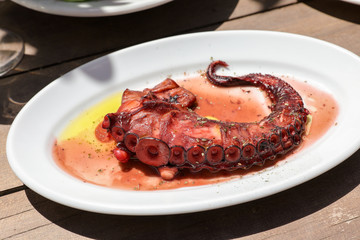 Octopus tentacle cooked in vinegar sause in the greek tavern.