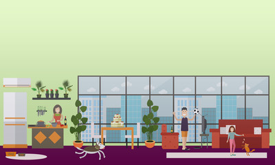 Family characters at home vector flat icons set