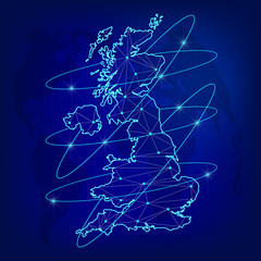 Fototapeta premium Global logistics network concept. Communications network map of the Great Britain on the world background. Great Britain map with nodes in polygonal style. Vector illustration EPS10.