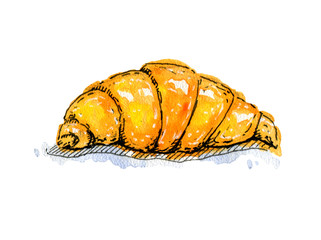 hand drawn watercolor croissant on white background