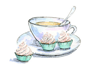 hand drawn watercolor cup of tea with cupcakes on white background