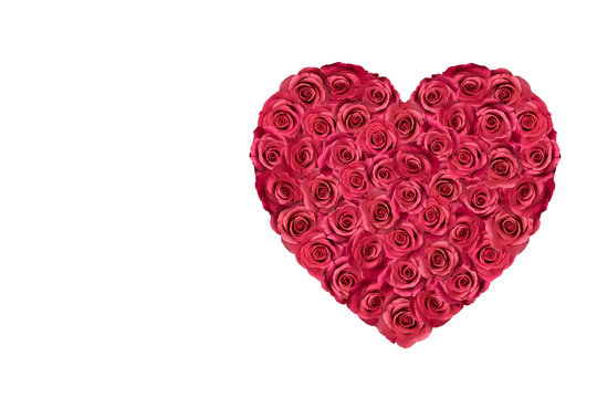 Heart filled with red roses isolated on white.