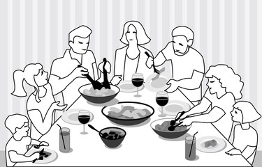 Vector Illustration from big family celebrating. Grandparents, parents and children at table eating and speaking.