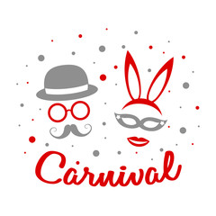 Carnival - card with funny costumes and confetti. Vector.