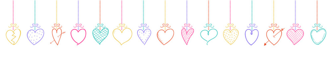 Hanging hearts - hand drawn decoration. Valentine's Day, Mother's Day and Women's Day. Vector.