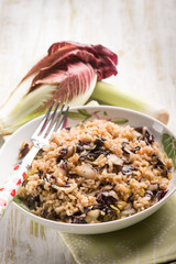 risotto with chicory and leek, selective focus