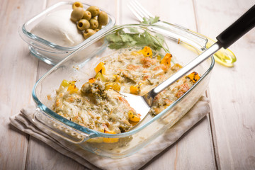 lasagne with  capsicum mozzarella and green olives, selective focus