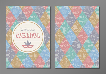 Carnival Party - concept of card with funny costumes. Two sided invitation. Vector.