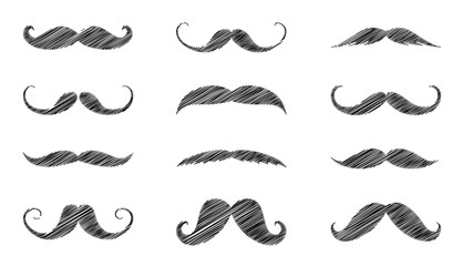 Big set with different hand drawn moustaches. Vector.