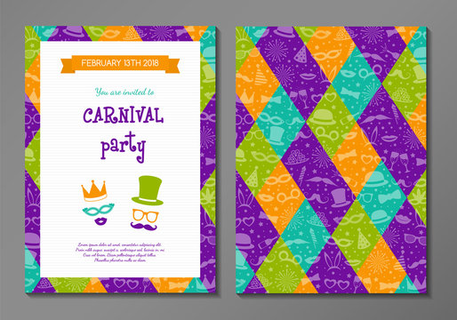 Carnival Party - concept of card with funny costumes. Two sided invitation. Vector.