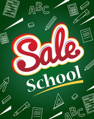 Fototapeta premium Vector banner back to school sale. Flyer and banner with colorful text on dark green school board. white icons hand-drawn with chalk on blackboard. Vector illustration.
