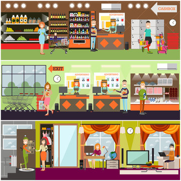 People making purchases vector flat poster set
