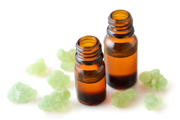 green frankincense essential oil isolated on white