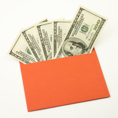 Money in red envelope. One hundred bills. Unofficial salary. Fan of dollars
