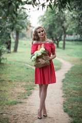 beautiful caucasian girl in red dress holding a bag of food