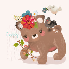 Cute little bear in floral wreath with beautiful forest branch and the bird with flower