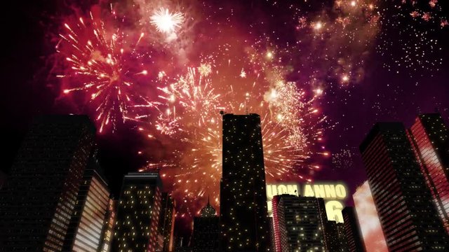 Seamless looping 3d animated skyline with fireworks in the sky and the 3d text &bdquo;Buon Anno (happy new year in Italian) 2026&rdquo; in 4K resolution