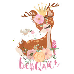 Obraz premium Cute, romantic, dreaming baby princess, deer, fawn with floral wreath, crown, bird and flowers bouquet