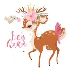 Naklejka premium Cute, romantic, dreaming baby princess, deer, fawn with floral wreath, crown, bird and flowers bouquet