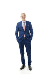 Successful senior lawyer. Full length portrait of  happy senior businessman standing with arms crossed while looking at camera and smiling. Isolated white background.