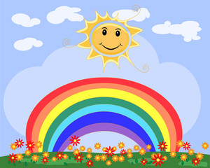 Naklejka premium Landscape, greeting card with smiling sun, seven-colored rainbow, a clearing of flowers, a clear sky. Spring Summer