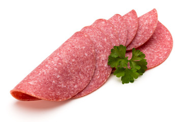 Salami slices isolated on the white background.