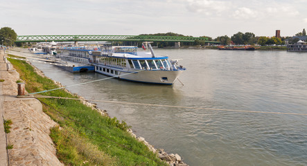 Danube river and passenger touristic ships moored in Bratislava, Slovakia