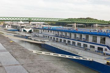 Danube river and passenger touristic ships moored in Bratislava, Slovakia