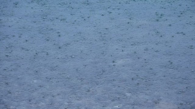 Drizzle rain on lake surface, autumn season abstract background