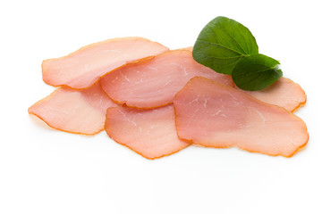 Sliced boiled ham sausage isolated on white background, top view.