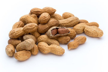 Dried peanuts on the white background.